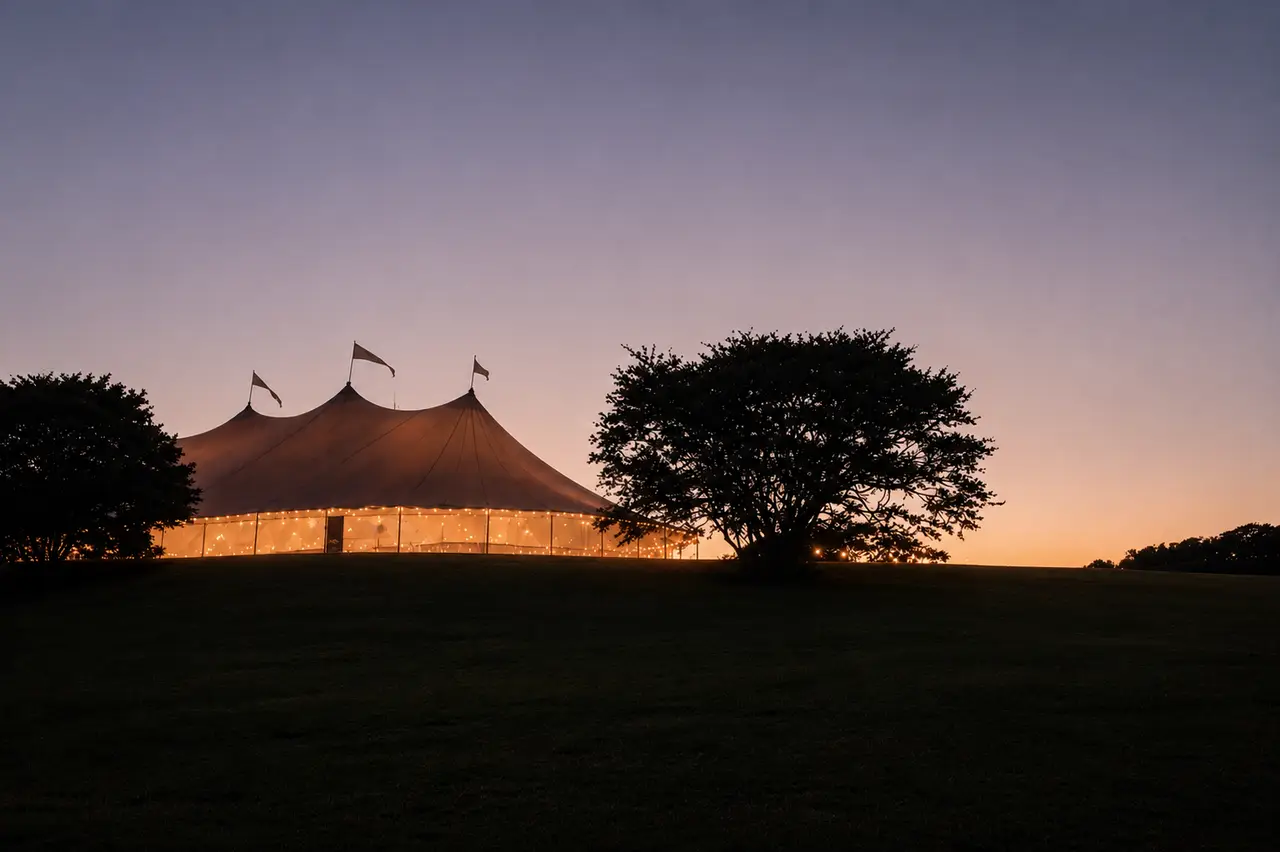 Outermost Inn stunning tented wedding reception at dusk in marthas vineyard