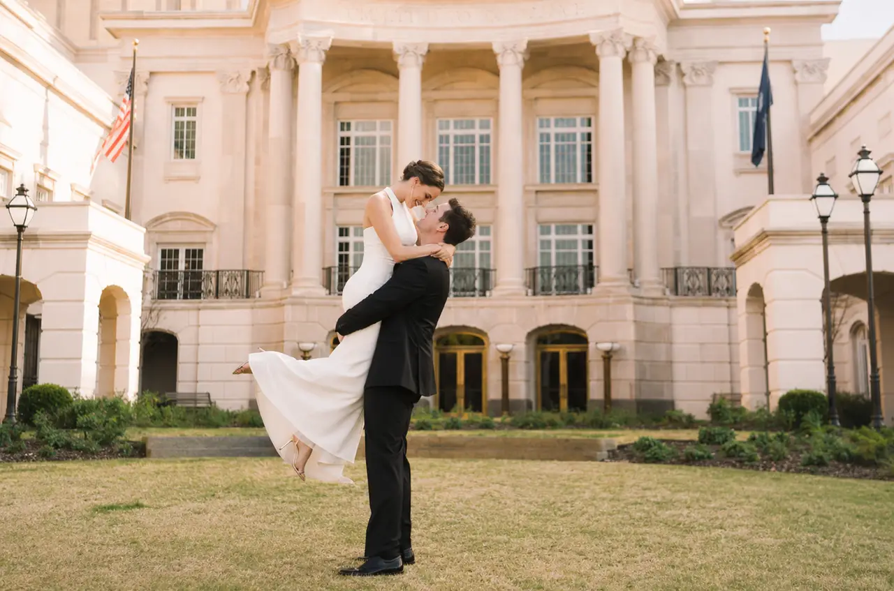 Charleston Gaillard Center bride and groom outside building