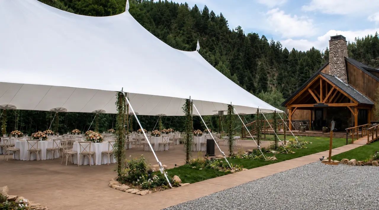 Blackstone Rivers Ranch tented white tie wedding reception
