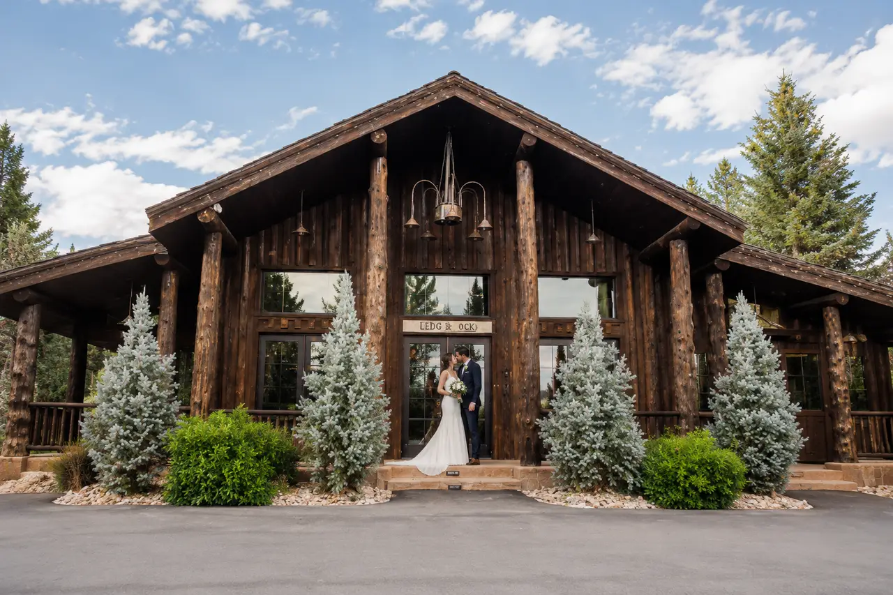 Spruce Mountain Ranch bridal portrait in front of building