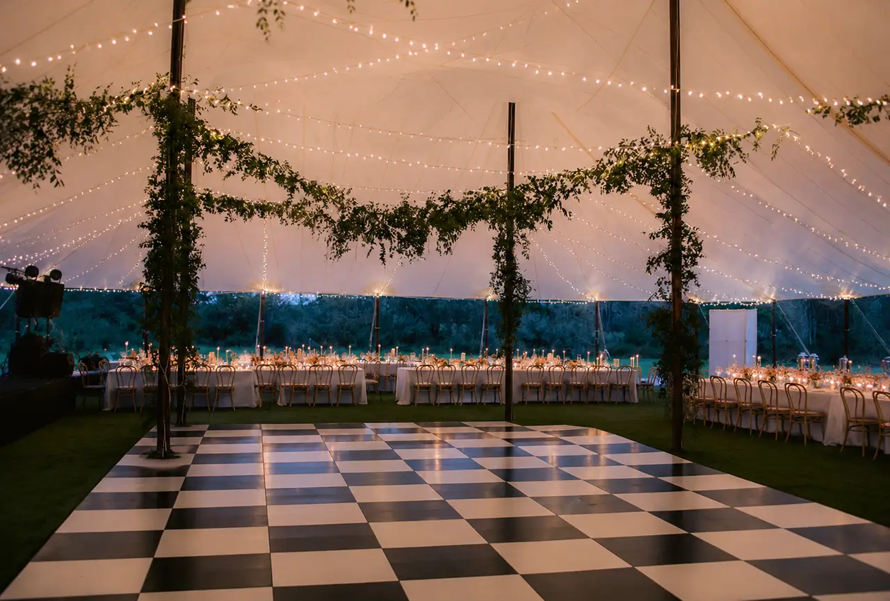 Kenoza Hall tented reception with black white checkered dancefloor
