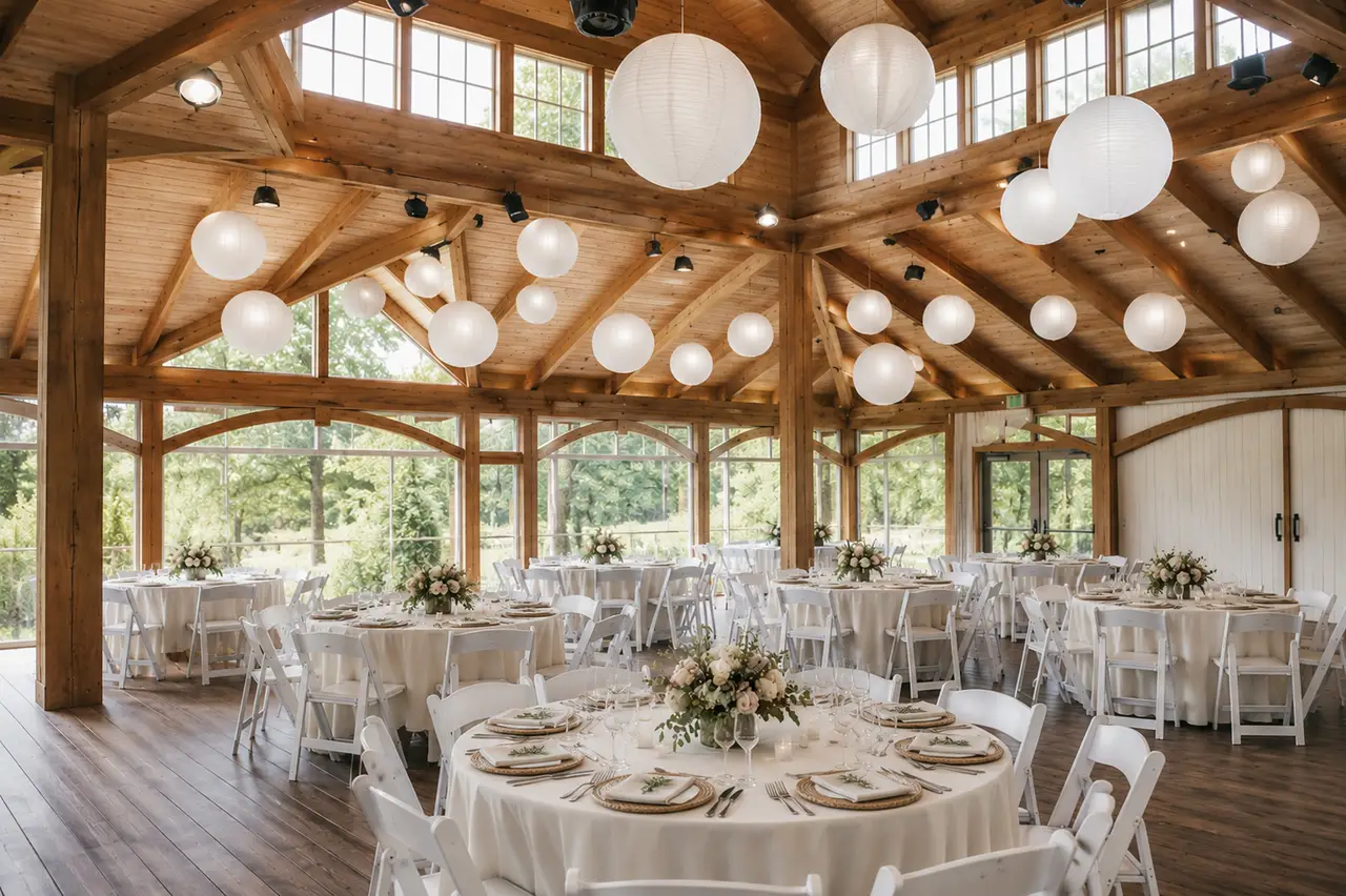 Onteora Mountain House indoor reception with paper lanterns
