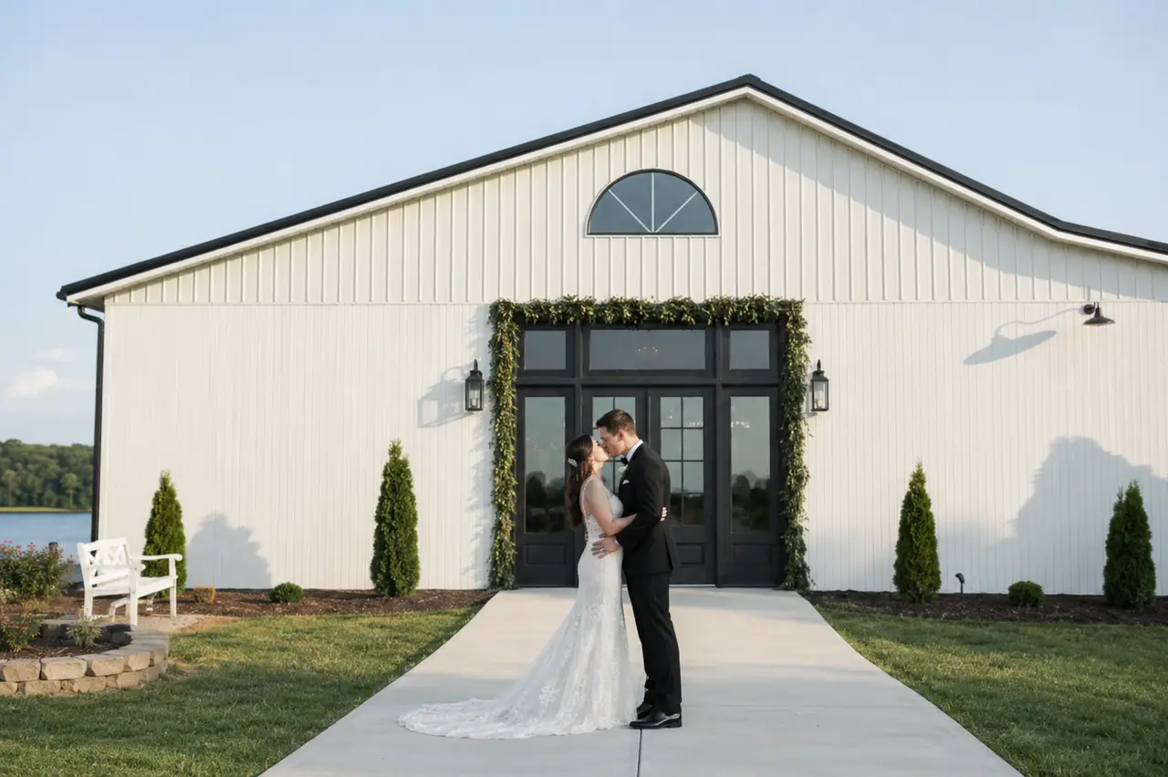 Barn in the Bend groom bride kiss