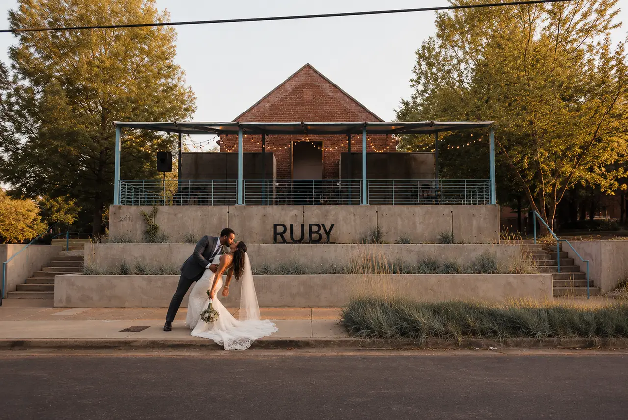 Ruby Nashville bride groom kiss building exterior