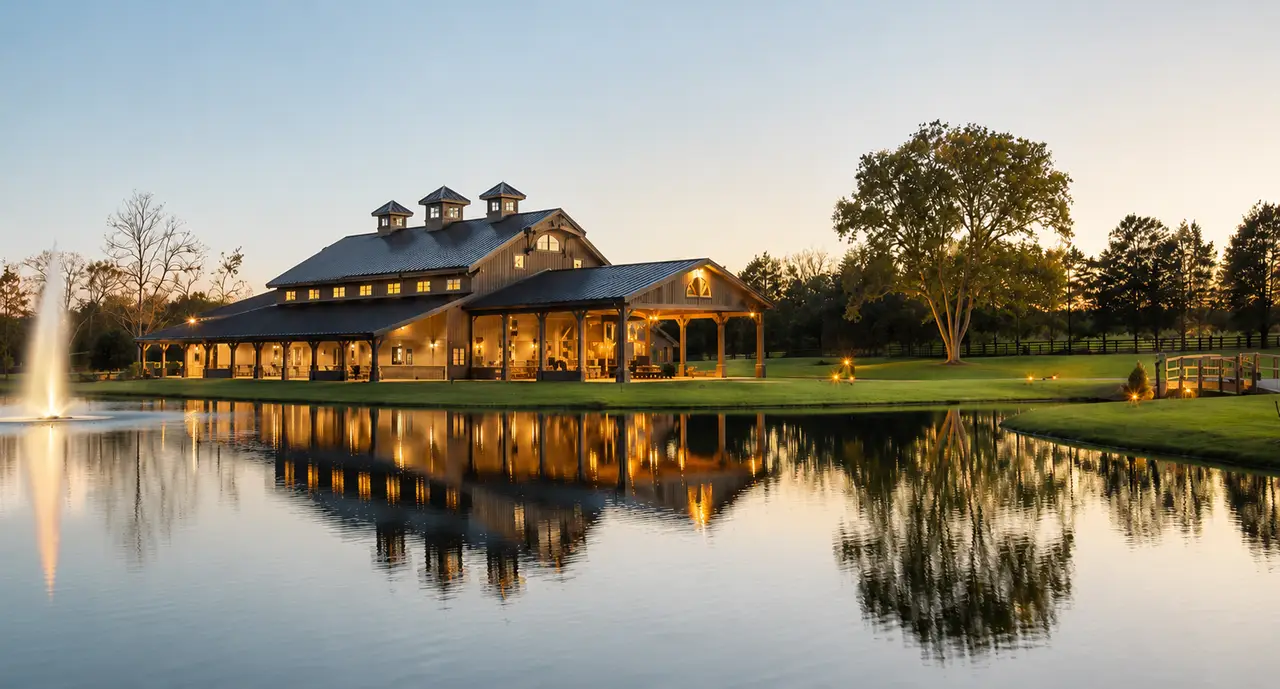 The Barn at Sycamore Farms serene pond building exterior