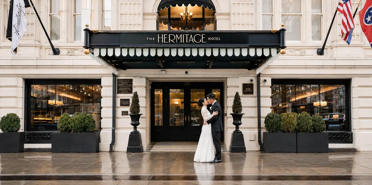 The Hermitage Hotel bride groom kiss outside