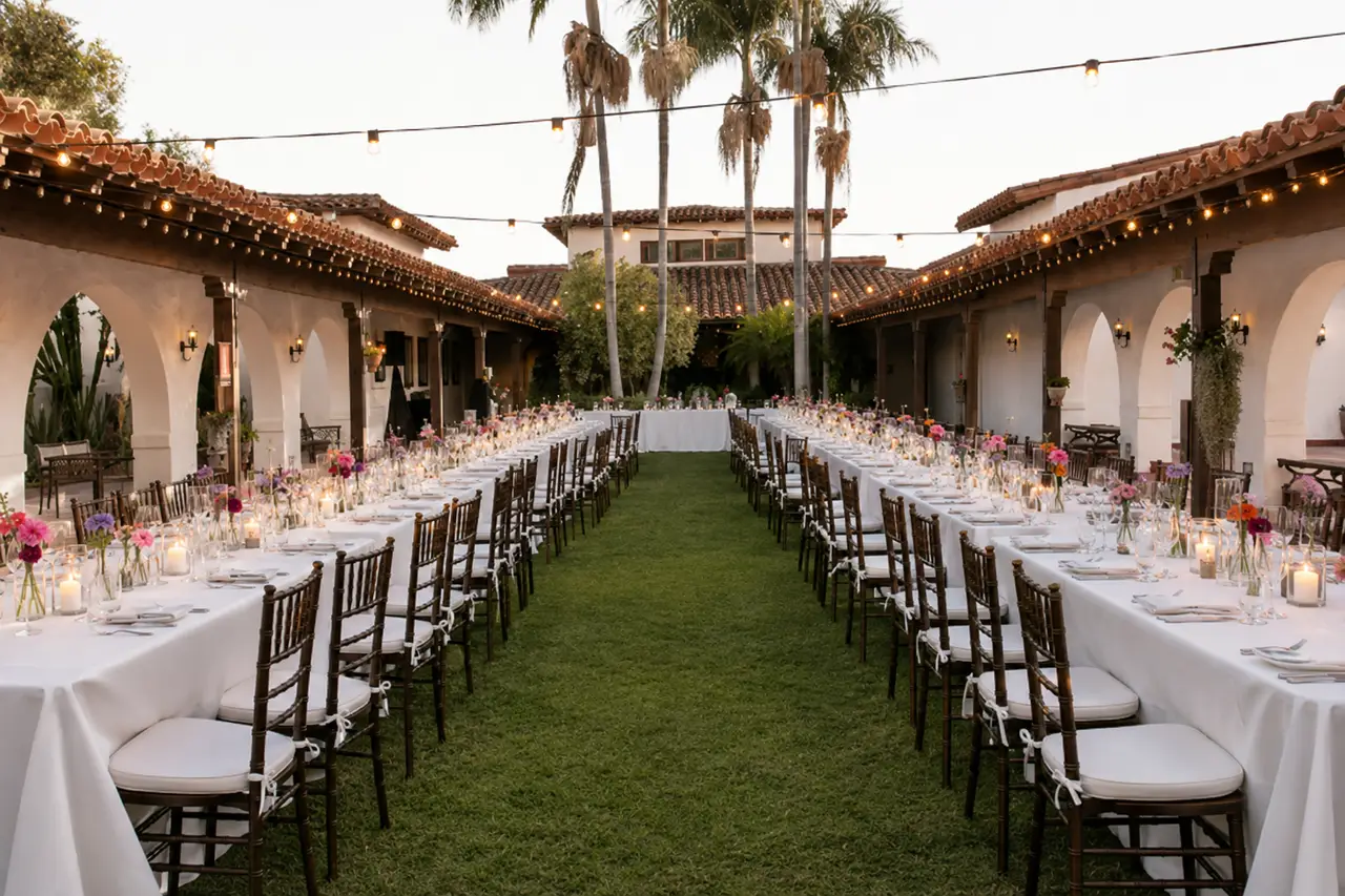 Casa Romantica Cultural Center and Gardens courtyard reception with string lights