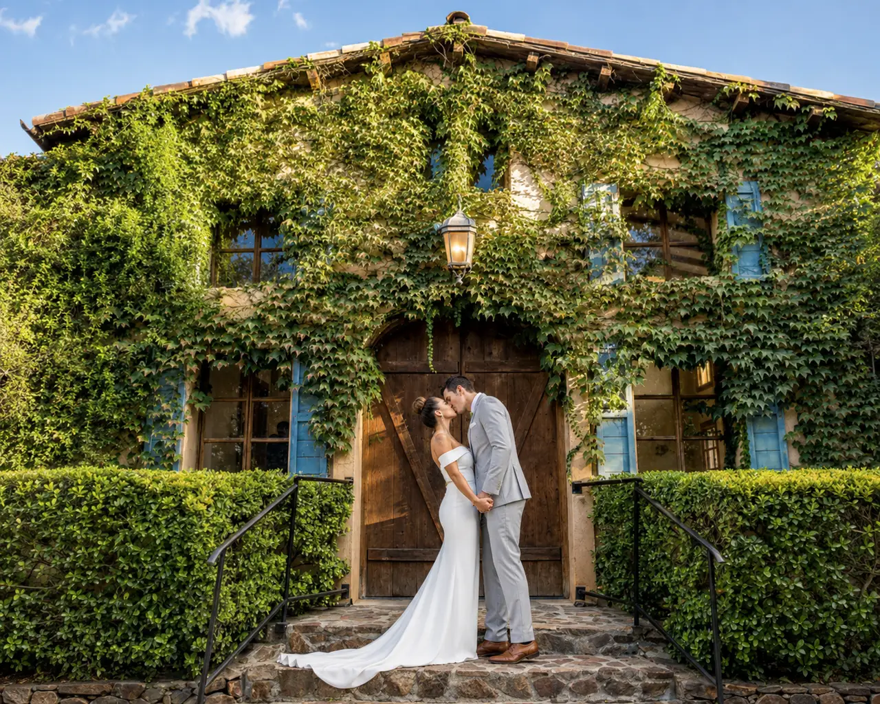 Milagro Winery bridal kiss portrait