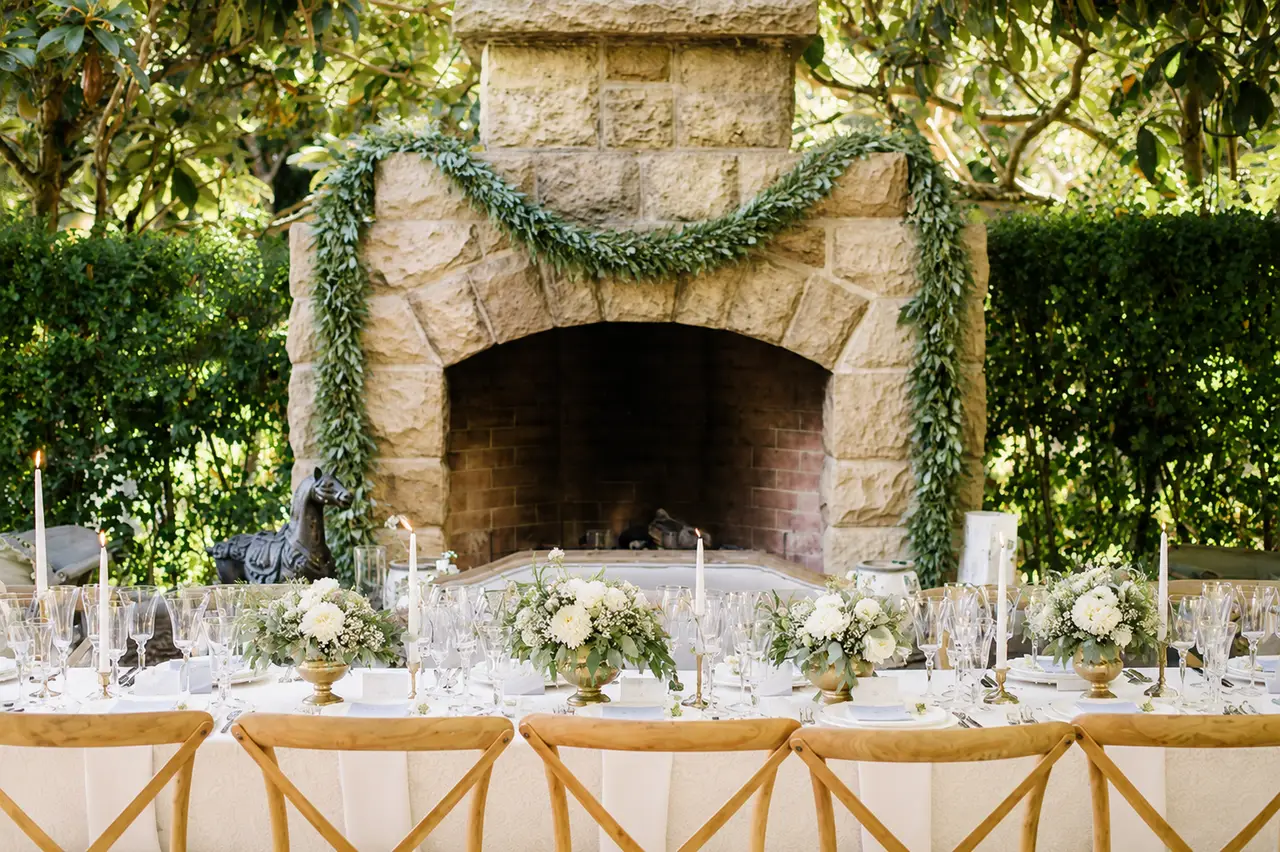 San Ysidro Ranch courtyard reception with fireplace