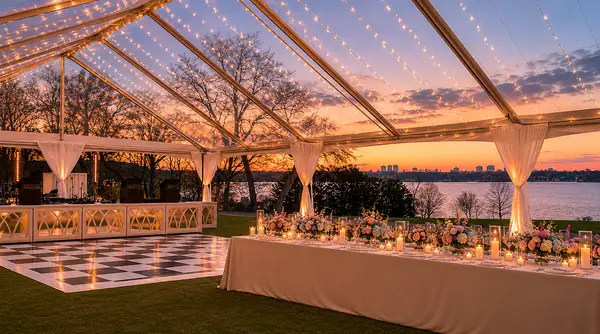 Tented wedding reception at Dallas Arboretum and Botanical Garden in White Rock Lake