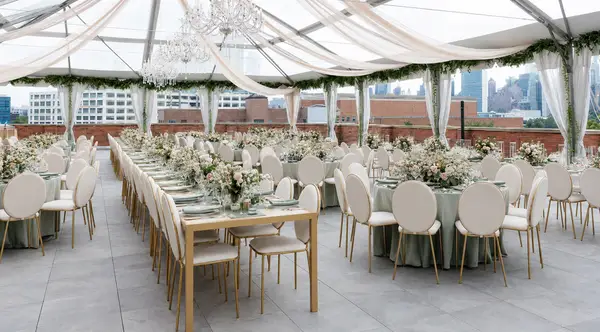 Tented rooftop wedding reception at Bordone LIC in Long Island City